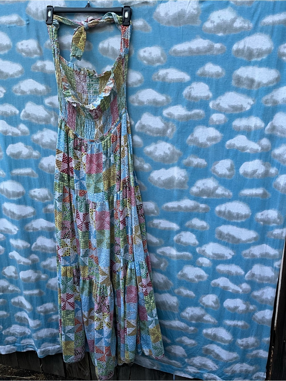 Vintage 70s Montgomery Ward Patchwork Smocked Halter Maxi Dress Prairie Boho